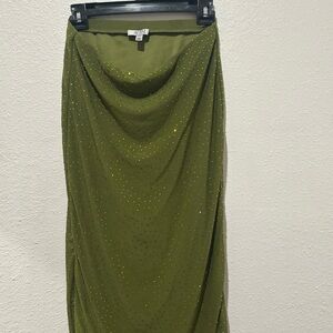 AFRM Olive Green Rhinestone Mesh Midi Skirt Size M Bodycon